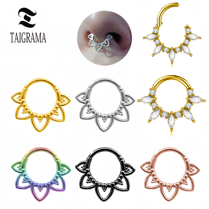 Clicker Ring Seamless - ステンレス鋼の鼻リングフラワーヒンジ付きセプタムクリッカーノーズフープシームレス鼻リング女性軟骨鼻ピアスジュエリー