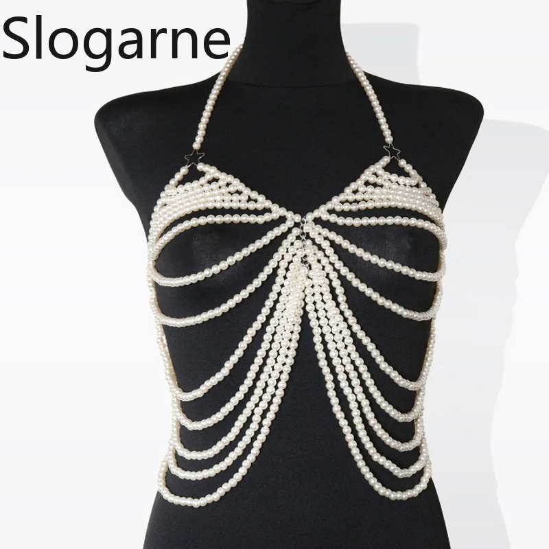 Body Jewelry Europe - 女性用セクシーパールボディチェーンジュエリーブラヨーロッパレディースパールショールネックレスファッションハンドメイドチェストチェーンラップチェーンボディジュエリー