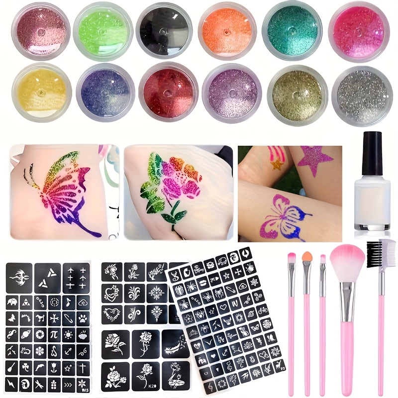 Body Jewelry Glue - DIY フラッシュタトゥー 12 色のグリッター、複数のタトゥーテンプレートが含まれています 接着剤ブラシセット、DIY グリッター漫画ステッカータトゥーセット