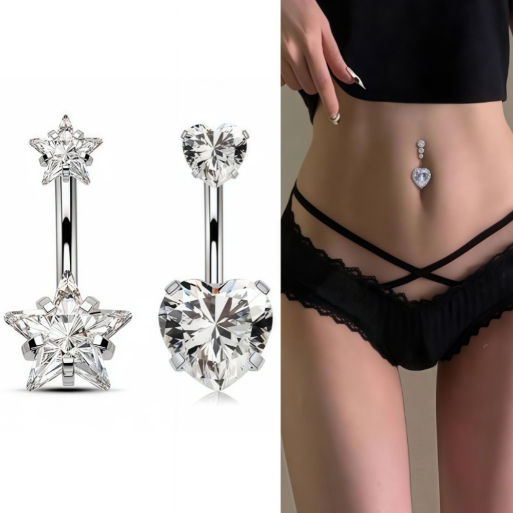 Body Jewelry Charms - ハートラウンドダブルヘッドジルコンステンレス鋼へそピアス女性用ベリーリングビーチビキニへそピアスボディジュエリー