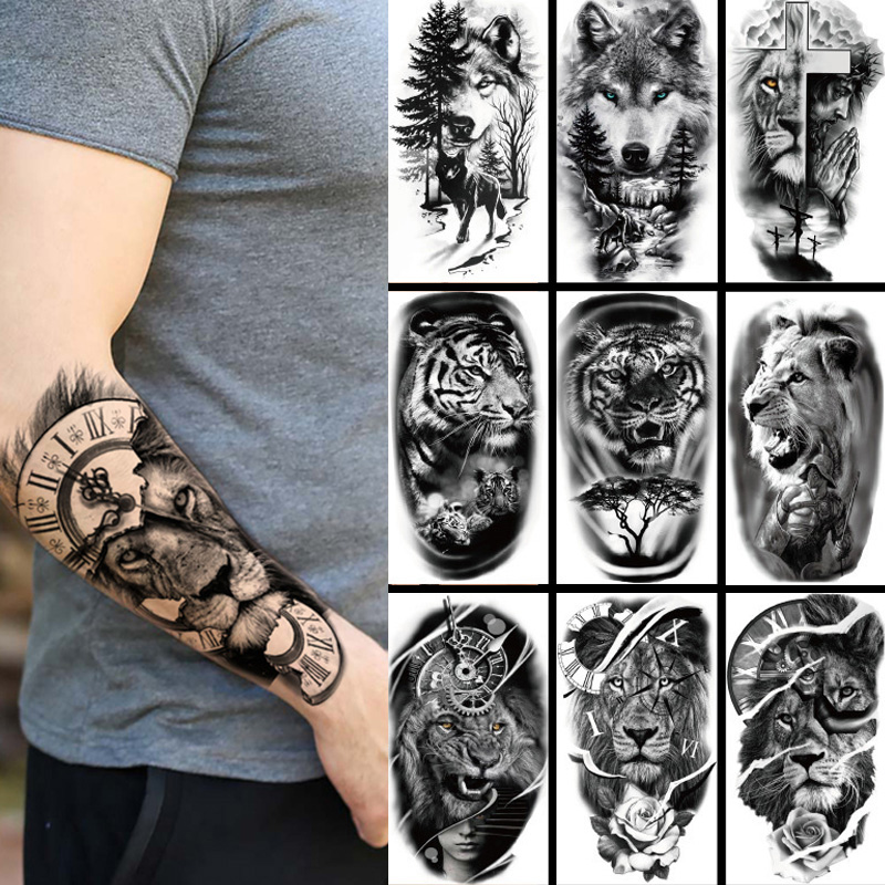 Body Jewelry Tattoo - 男性と女性のための一時的な入れ墨のステッカー,大きな虎,ライオン,オオカミ,腕,クール,黒,動物,偽のデザイン