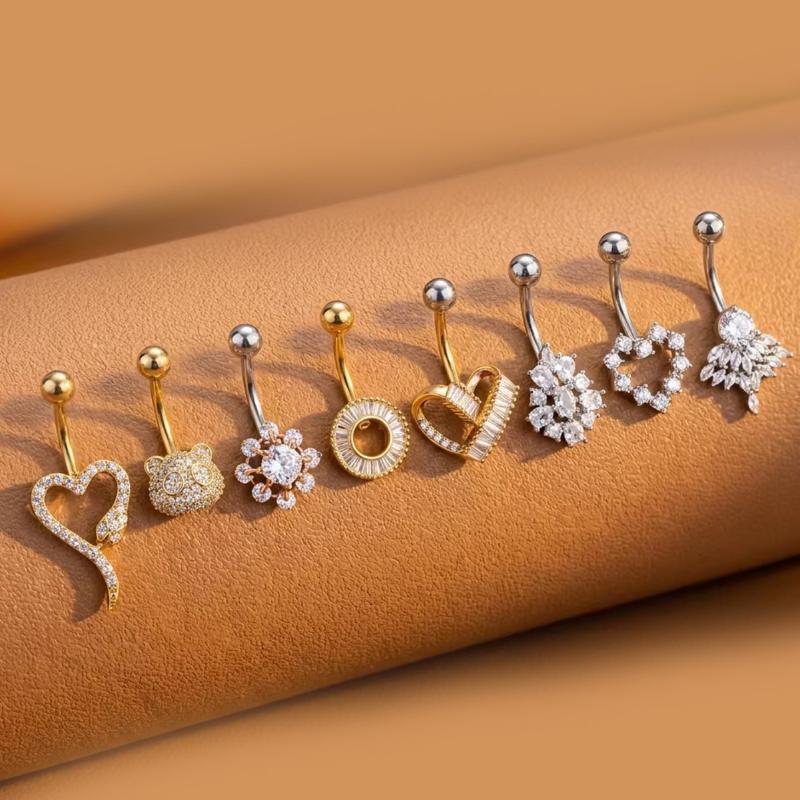 Body Jewelry Charms - 蝶の花のへそリング、ロングダングルクリスタルチャーム、ステンレススチール製へそバーベル、女性用ボディジュエリー