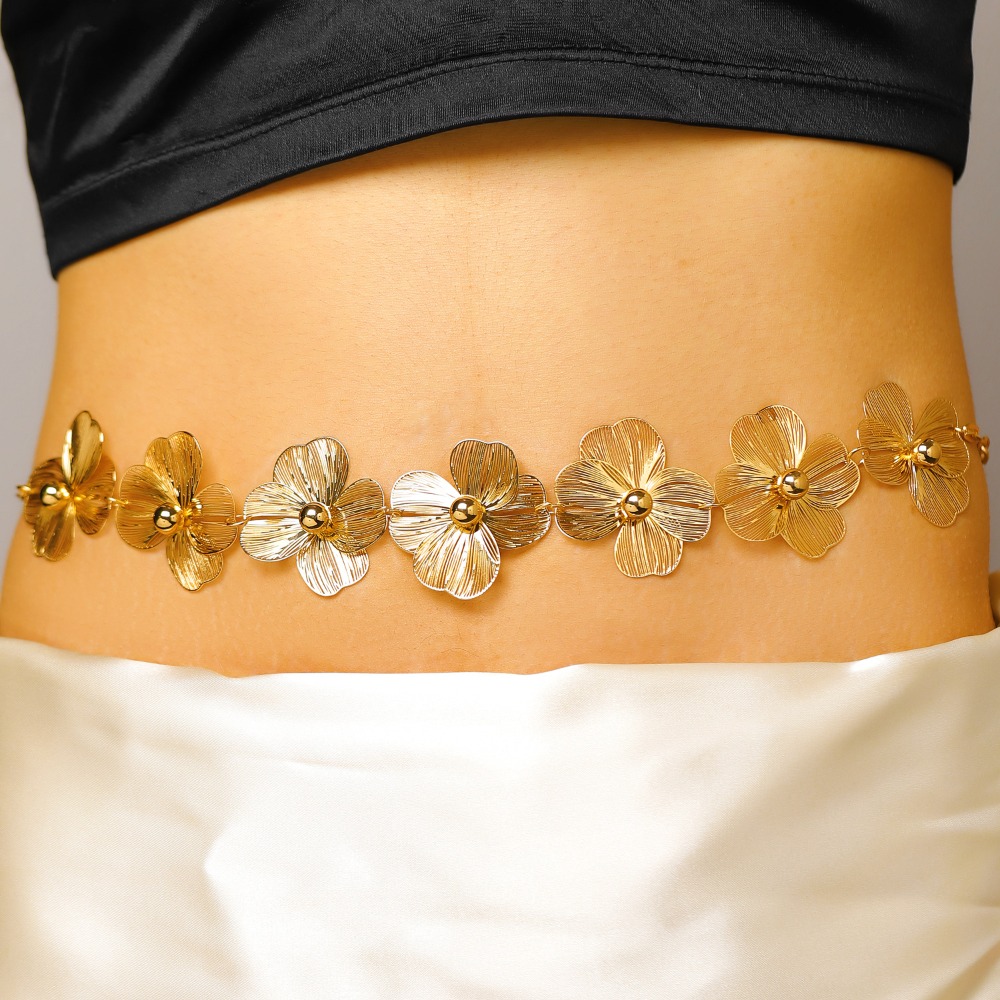 Body Jewelry Charms - ボヘミアンスイートゴールドカラーメタルフラワースプライスウエストチェーン女性用ドレスウエストデコレーションバケーションフローラルジュエリーボディチェーン