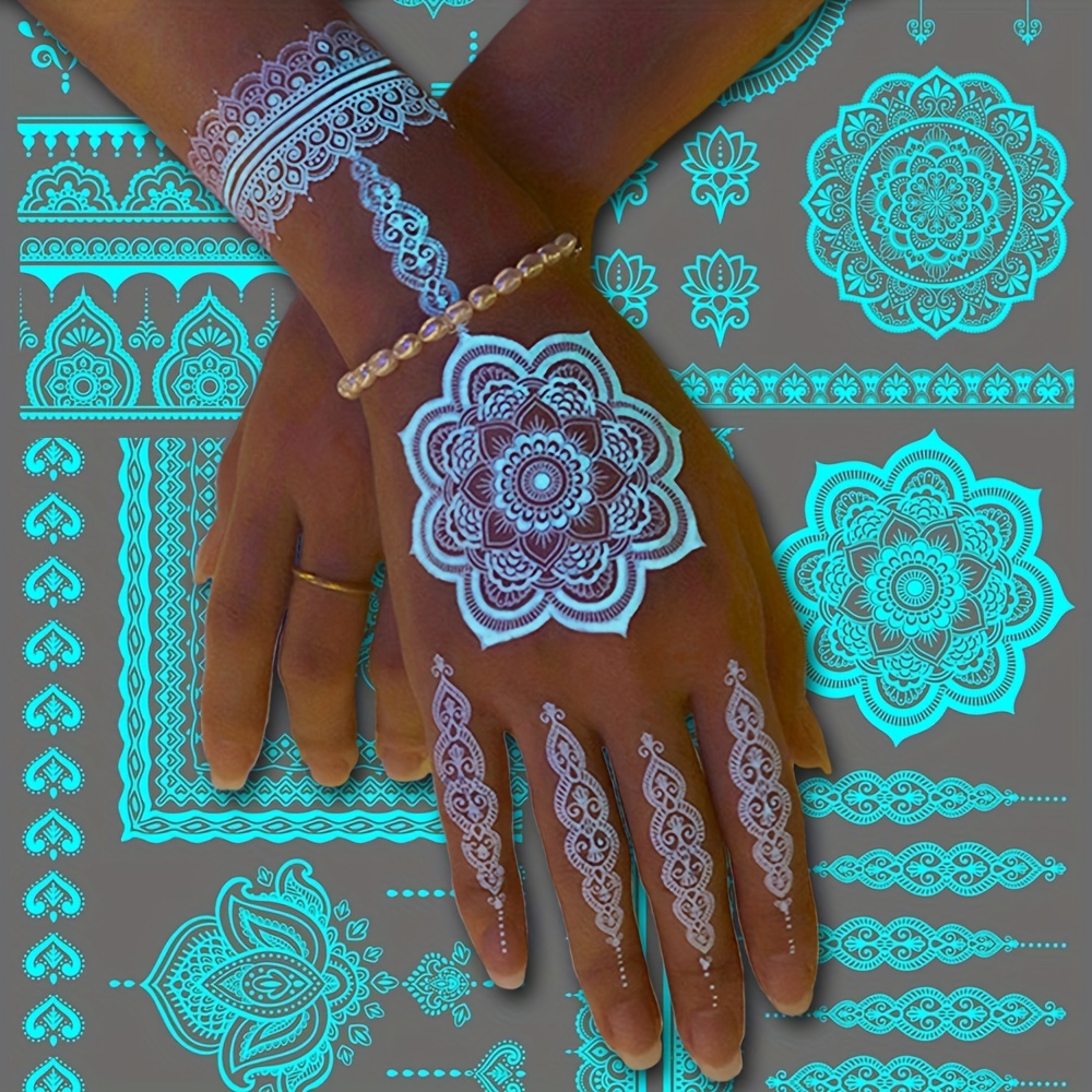 Body Jewelry Glue - ブルー発光ヘナタトゥーステッカー女の子部族白レース蓮のタトゥー曼荼羅花フェイクジュエリーペンダント一時的なタトゥー