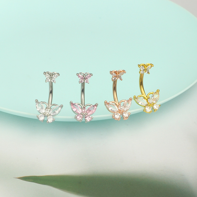 1個入り ステンレス製 ピンクの蝶々ネーブルリング 欧米風  - Body Jewelry Europe のレビューと価格