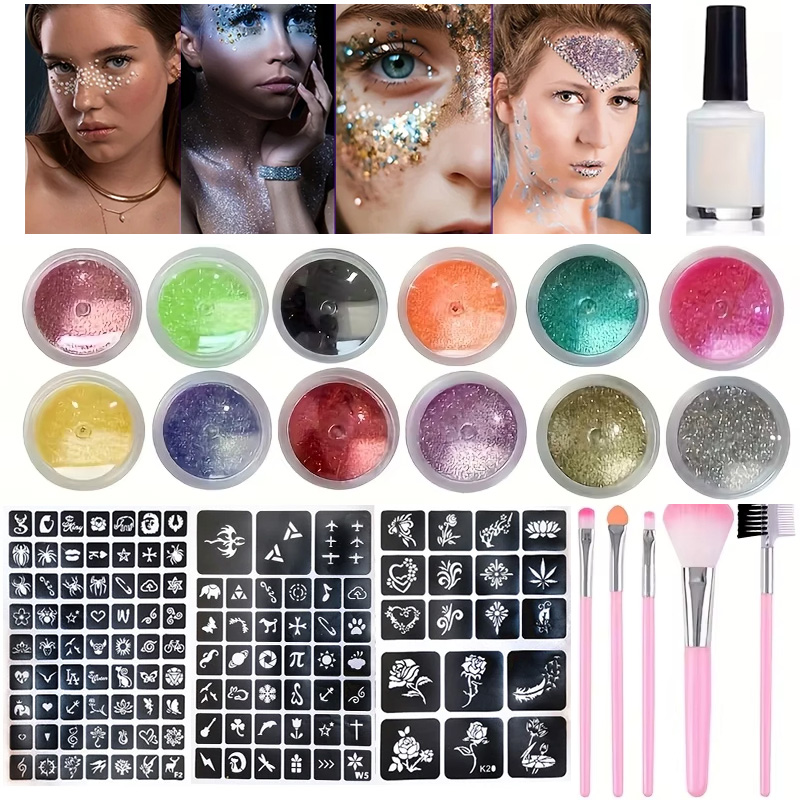 12 色のグリッター DIY フラッシュ タトゥー、複数のタ - Body Jewelry Glue のレビューと価格