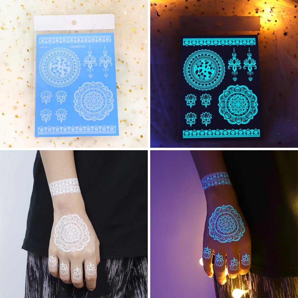 ブルー発光ヘナタトゥーステッカー女の子部族白レース蓮のタトゥ - Body Jewelry Glue のレビューと価格