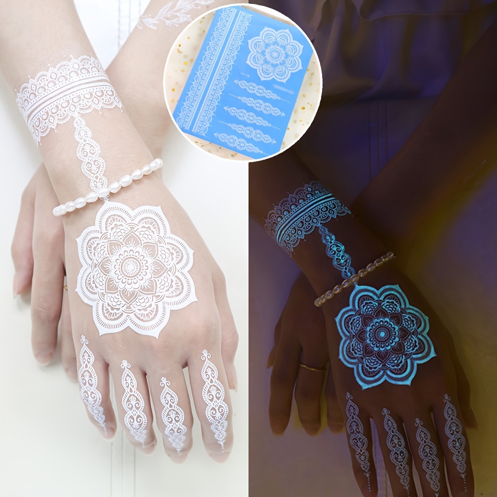 ブルー発光ヘナタトゥーステッカー女の子部族白レース蓮のタトゥ - Body Jewelry Glue のレビューと価格