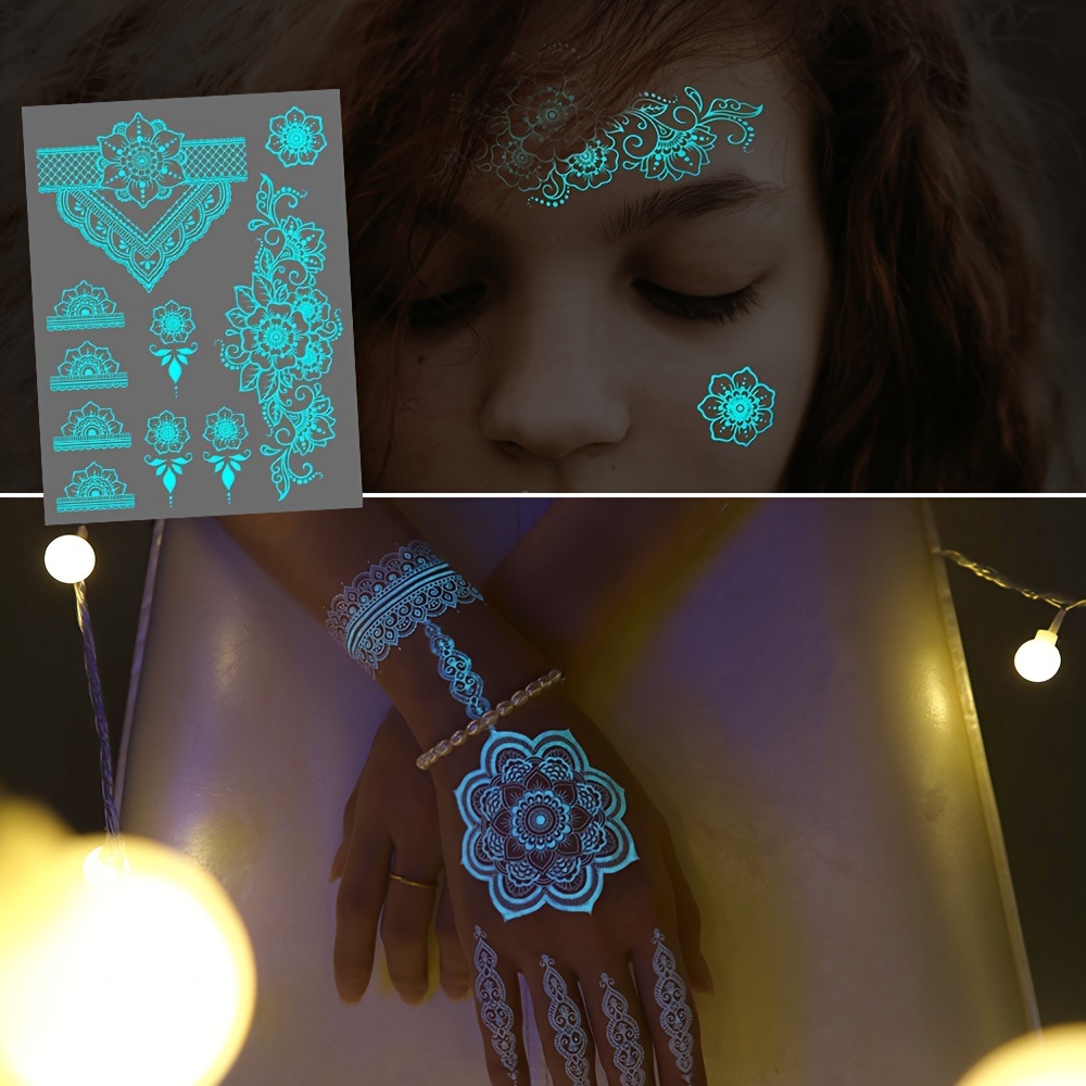 ブルー発光ヘナタトゥーステッカー女の子部族白レース蓮のタトゥ - Body Jewelry Glue のレビューと価格